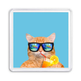 Магнит 55*55 с принтом котэ на отдыхе в Кировске, Пластик | Размер: 65*65 мм; Размер печати: 55*55 мм | кот | котик | лето | море | отдых | очки | пальмы | пляж | рыжий кот | солнце