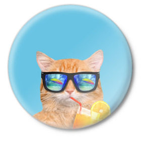 Значок с принтом котэ на отдыхе в Кировске,  металл | круглая форма, металлическая застежка в виде булавки | кот | котик | лето | море | отдых | очки | пальмы | пляж | рыжий кот | солнце