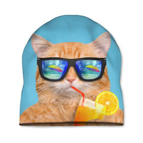 Шапка 3D с принтом котэ на отдыхе в Кировске, 100% полиэстер | универсальный размер, печать по всей поверхности изделия | Тематика изображения на принте: кот | котик | лето | море | отдых | очки | пальмы | пляж | рыжий кот | солнце