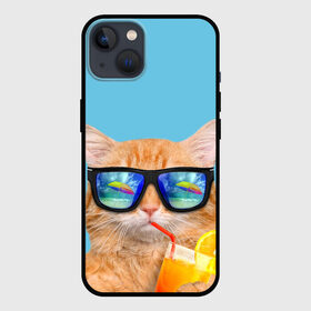 Чехол для iPhone 13 с принтом котэ на отдыхе в Кировске,  |  | Тематика изображения на принте: кот | котик | лето | море | отдых | очки | пальмы | пляж | рыжий кот | солнце
