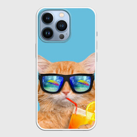 Чехол для iPhone 13 Pro с принтом котэ на отдыхе в Кировске,  |  | Тематика изображения на принте: кот | котик | лето | море | отдых | очки | пальмы | пляж | рыжий кот | солнце