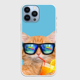 Чехол для iPhone 13 Pro Max с принтом котэ на отдыхе в Кировске,  |  | Тематика изображения на принте: кот | котик | лето | море | отдых | очки | пальмы | пляж | рыжий кот | солнце