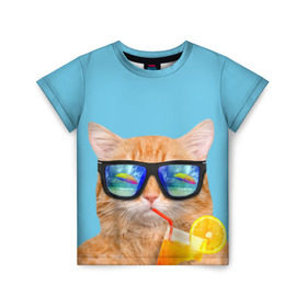Детская футболка 3D с принтом котэ на отдыхе в Кировске, 100% гипоаллергенный полиэфир | прямой крой, круглый вырез горловины, длина до линии бедер, чуть спущенное плечо, ткань немного тянется | кот | котик | лето | море | отдых | очки | пальмы | пляж | рыжий кот | солнце