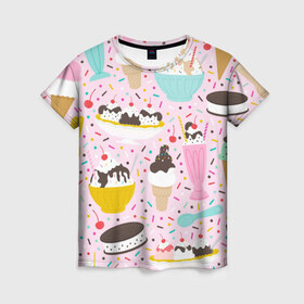 Женская футболка 3D с принтом Ice Cream в Кировске, 100% полиэфир ( синтетическое хлопкоподобное полотно) | прямой крой, круглый вырез горловины, длина до линии бедер | food | ice cream | вкусно | еда | мороженое
