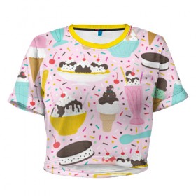 Женская футболка 3D укороченная с принтом Ice Cream в Кировске, 100% полиэстер | круглая горловина, длина футболки до линии талии, рукава с отворотами | food | ice cream | вкусно | еда | мороженое