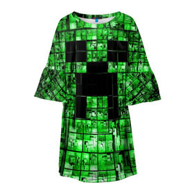 Детское платье 3D с принтом Minecraft в Кировске, 100% полиэстер | прямой силуэт, чуть расширенный к низу. Круглая горловина, на рукавах — воланы | Тематика изображения на принте: game | green | minecraft | игра | игрок | компьютерные игры | майнкрафт