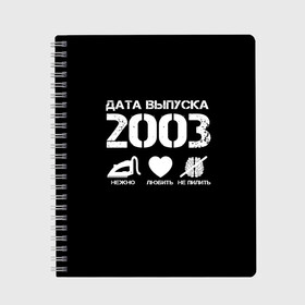 Тетрадь с принтом Дата выпуска 2003 в Кировске, 100% бумага | 48 листов, плотность листов — 60 г/м2, плотность картонной обложки — 250 г/м2. Листы скреплены сбоку удобной пружинной спиралью. Уголки страниц и обложки скругленные. Цвет линий — светло-серый
 | 2003 | год рождения | дата выпуска