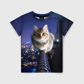 Детская футболка 3D с принтом Киса на балконе в Кировске, 100% гипоаллергенный полиэфир | прямой крой, круглый вырез горловины, длина до линии бедер, чуть спущенное плечо, ткань немного тянется | cat | kitty | животные | киса | кот | котенок | котэ | кошка