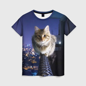 Женская футболка 3D с принтом Киса на балконе в Кировске, 100% полиэфир ( синтетическое хлопкоподобное полотно) | прямой крой, круглый вырез горловины, длина до линии бедер | cat | kitty | животные | киса | кот | котенок | котэ | кошка