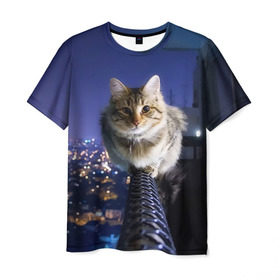 Мужская футболка 3D с принтом Киса на балконе в Кировске, 100% полиэфир | прямой крой, круглый вырез горловины, длина до линии бедер | Тематика изображения на принте: cat | kitty | животные | киса | кот | котенок | котэ | кошка
