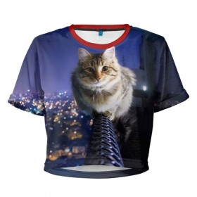Женская футболка 3D укороченная с принтом Киса на балконе в Кировске, 100% полиэстер | круглая горловина, длина футболки до линии талии, рукава с отворотами | cat | kitty | животные | киса | кот | котенок | котэ | кошка