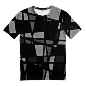 Мужская футболка 3D с принтом Geometry figure в Кировске, 100% полиэфир | прямой крой, круглый вырез горловины, длина до линии бедер | Тематика изображения на принте: бумага | геометрия | грани | изгиб | линии | полигоны | полосы | постель | серый | сочетания | текстура | треугольники | черный