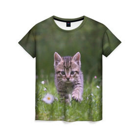 Женская футболка 3D с принтом Котенок на траве в Кировске, 100% полиэфир ( синтетическое хлопкоподобное полотно) | прямой крой, круглый вырез горловины, длина до линии бедер | 