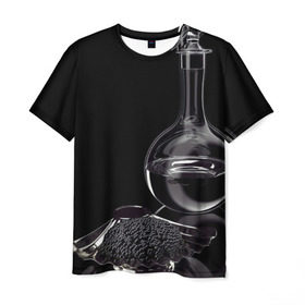 Мужская футболка 3D с принтом Водка и черная икра в Кировске, 100% полиэфир | прямой крой, круглый вырез горловины, длина до линии бедер | графин | еда | жидкость | закуска | темный | черный