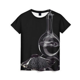Женская футболка 3D с принтом Водка и черная икра в Кировске, 100% полиэфир ( синтетическое хлопкоподобное полотно) | прямой крой, круглый вырез горловины, длина до линии бедер | графин | еда | жидкость | закуска | темный | черный