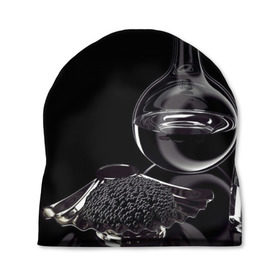 Шапка 3D с принтом Водка и черная икра в Кировске, 100% полиэстер | универсальный размер, печать по всей поверхности изделия | Тематика изображения на принте: графин | еда | жидкость | закуска | темный | черный