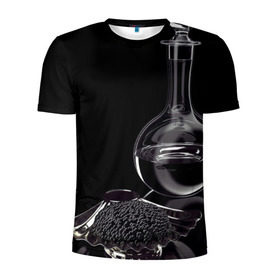 Мужская футболка 3D спортивная с принтом Водка и черная икра в Кировске, 100% полиэстер с улучшенными характеристиками | приталенный силуэт, круглая горловина, широкие плечи, сужается к линии бедра | Тематика изображения на принте: графин | еда | жидкость | закуска | темный | черный