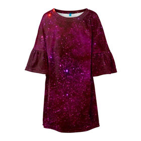 Детское платье 3D с принтом Розовые звёзды в Кировске, 100% полиэстер | прямой силуэт, чуть расширенный к низу. Круглая горловина, на рукавах — воланы | nebula | звезды | созвездие | туманность