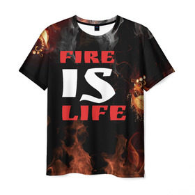 Мужская футболка 3D с принтом Fire is life (Огонь это жизнь) в Кировске, 100% полиэфир | прямой крой, круглый вырез горловины, длина до линии бедер | fire | is | life | алфавит | английский | большие | буквы | горит | жар | клевая | надпись | огонь | огонь это жизнь | пламя | пожар | полымя | прикольная | пыл | свет | слово | цитата