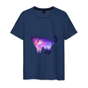 Мужская футболка хлопок с принтом Cat galaxy в Кировске, 100% хлопок | прямой крой, круглый вырез горловины, длина до линии бедер, слегка спущенное плечо. | космос | кошка | силуэт
