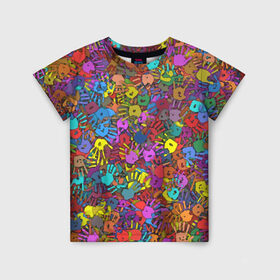 Детская футболка 3D с принтом Разноцветные отпечатки рук в Кировске, 100% гипоаллергенный полиэфир | прямой крой, круглый вырез горловины, длина до линии бедер, чуть спущенное плечо, ткань немного тянется | клякса | краски | ладонь | пятна | рука | холи | цвет | цветные