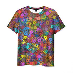 Мужская футболка 3D с принтом Разноцветные отпечатки рук в Кировске, 100% полиэфир | прямой крой, круглый вырез горловины, длина до линии бедер | клякса | краски | ладонь | пятна | рука | холи | цвет | цветные