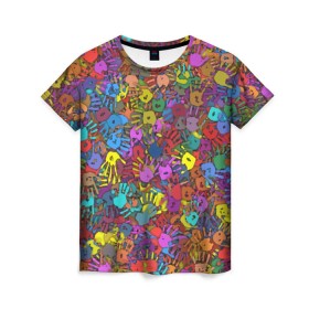 Женская футболка 3D с принтом Разноцветные отпечатки рук в Кировске, 100% полиэфир ( синтетическое хлопкоподобное полотно) | прямой крой, круглый вырез горловины, длина до линии бедер | Тематика изображения на принте: клякса | краски | ладонь | пятна | рука | холи | цвет | цветные