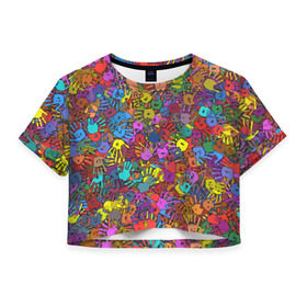 Женская футболка 3D укороченная с принтом Разноцветные отпечатки рук в Кировске, 100% полиэстер | круглая горловина, длина футболки до линии талии, рукава с отворотами | клякса | краски | ладонь | пятна | рука | холи | цвет | цветные