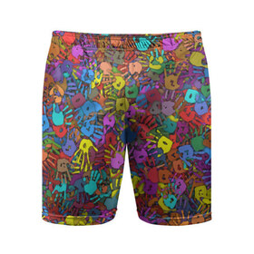 Мужские шорты 3D спортивные с принтом Разноцветные отпечатки рук в Кировске,  |  | клякса | краски | ладонь | пятна | рука | холи | цвет | цветные