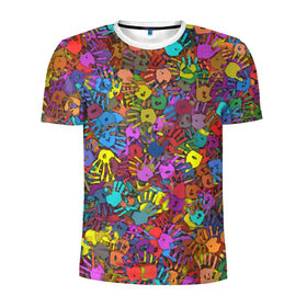 Мужская футболка 3D спортивная с принтом Разноцветные отпечатки рук в Кировске, 100% полиэстер с улучшенными характеристиками | приталенный силуэт, круглая горловина, широкие плечи, сужается к линии бедра | клякса | краски | ладонь | пятна | рука | холи | цвет | цветные