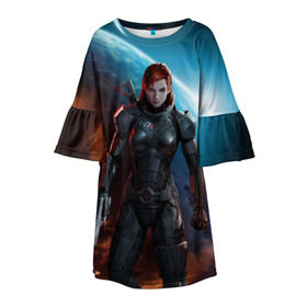 Детское платье 3D с принтом Mass Effect в Кировске, 100% полиэстер | прямой силуэт, чуть расширенный к низу. Круглая горловина, на рукавах — воланы | Тематика изображения на принте: n7 | shepard | галактика | жнец | космос | масс | нормандия | планета | шепард | эффект
