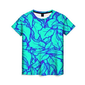 Женская футболка 3D с принтом Фрактальные лепестки в Кировске, 100% полиэфир ( синтетическое хлопкоподобное полотно) | прямой крой, круглый вырез горловины, длина до линии бедер | листья | паттерн | синий