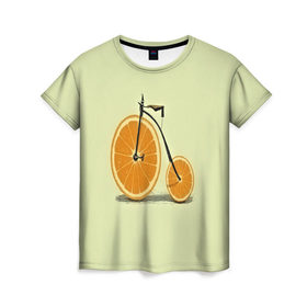 Женская футболка 3D с принтом Апельсиновый велосипед в Кировске, 100% полиэфир ( синтетическое хлопкоподобное полотно) | прямой крой, круглый вырез горловины, длина до линии бедер | Тематика изображения на принте: 