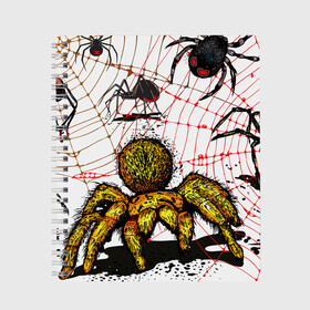 Тетрадь с принтом Тарантул в Кировске, 100% бумага | 48 листов, плотность листов — 60 г/м2, плотность картонной обложки — 250 г/м2. Листы скреплены сбоку удобной пружинной спиралью. Уголки страниц и обложки скругленные. Цвет линий — светло-серый
 | Тематика изображения на принте: spider | паук | паутина | тарантул
