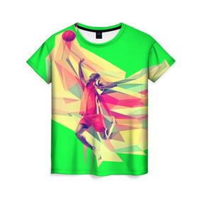 Женская футболка 3D с принтом Баскетбол в Кировске, 100% полиэфир ( синтетическое хлопкоподобное полотно) | прямой крой, круглый вырез горловины, длина до линии бедер | Тематика изображения на принте: баскетболист | бросок | мяч | прыжок