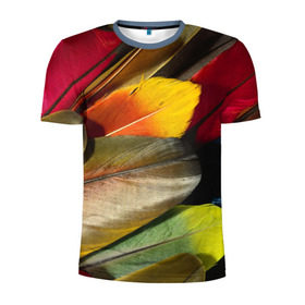 Мужская футболка 3D спортивная с принтом Перья в Кировске, 100% полиэстер с улучшенными характеристиками | приталенный силуэт, круглая горловина, широкие плечи, сужается к линии бедра | перо | попугай | птица | радуга | радужный