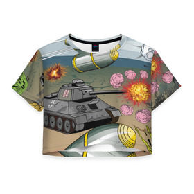 Женская футболка 3D укороченная с принтом Танк в Кировске, 100% полиэстер | круглая горловина, длина футболки до линии талии, рукава с отворотами | взрыв | снаряды | танк
