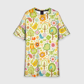 Детское платье 3D с принтом Райские кущи в Кировске, 100% полиэстер | прямой силуэт, чуть расширенный к низу. Круглая горловина, на рукавах — воланы | деревья | природа | птицы | сад | сова | цветы