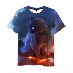 Мужская футболка 3D с принтом Night cat в Кировске, 100% полиэфир | прямой крой, круглый вырез горловины, длина до линии бедер | киска | кот | котёнок | кошка | небо | ночь | облака | огонь