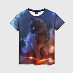 Женская футболка 3D с принтом Night cat в Кировске, 100% полиэфир ( синтетическое хлопкоподобное полотно) | прямой крой, круглый вырез горловины, длина до линии бедер | киска | кот | котёнок | кошка | небо | ночь | облака | огонь