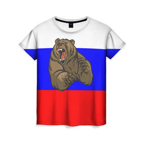 Женская футболка 3D с принтом Медведь в Кировске, 100% полиэфир ( синтетическое хлопкоподобное полотно) | прямой крой, круглый вырез горловины, длина до линии бедер | медведь | триколор | я русский