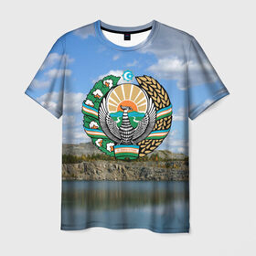 Мужская футболка 3D с принтом Узбекистан в Кировске, 100% полиэфир | прямой крой, круглый вырез горловины, длина до линии бедер | герб | гора | горы | озеро | природа | республика | узбекская сср