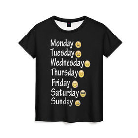 Женская футболка 3D с принтом футболка настроение дни недели в Кировске, 100% полиэфир ( синтетическое хлопкоподобное полотно) | прямой крой, круглый вырез горловины, длина до линии бедер | дни недели | настроение | позитив | смайлики