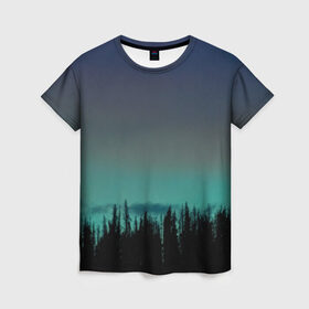 Женская футболка 3D с принтом Ночной лес в Кировске, 100% полиэфир ( синтетическое хлопкоподобное полотно) | прямой крой, круглый вырез горловины, длина до линии бедер | небо | ночь | пейзаж