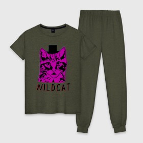 Женская пижама хлопок с принтом wildcat в Кировске, 100% хлопок | брюки и футболка прямого кроя, без карманов, на брюках мягкая резинка на поясе и по низу штанин | cat | gta | gtaonline | wildcat | кот