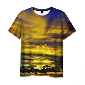 Мужская футболка 3D с принтом Мальдивы в Кировске, 100% полиэфир | прямой крой, круглый вырез горловины, длина до линии бедер | Тематика изображения на принте: берег | бунгало | ветки | горизонт | города | закат | корабль | мальдивы | море | отдых | пальмы | песок | пирс | страны | тропики