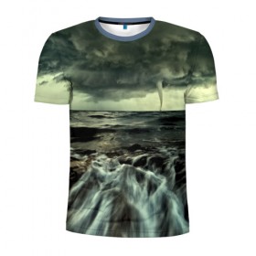 Мужская футболка 3D спортивная с принтом Тайфун в Кировске, 100% полиэстер с улучшенными характеристиками | приталенный силуэт, круглая горловина, широкие плечи, сужается к линии бедра | море | небо | пейзаж | смерч | ураган