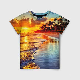 Детская футболка 3D с принтом Гавайи в Кировске, 100% гипоаллергенный полиэфир | прямой крой, круглый вырез горловины, длина до линии бедер, чуть спущенное плечо, ткань немного тянется | hawaii | гавайи | газон | горизонт | море | небо | облака | пальмы | побережье | скалы | солнце | сша | тропики