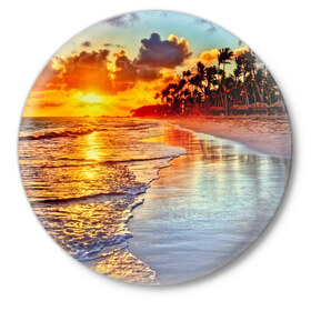 Значок с принтом Гавайи в Кировске,  металл | круглая форма, металлическая застежка в виде булавки | Тематика изображения на принте: hawaii | гавайи | газон | горизонт | море | небо | облака | пальмы | побережье | скалы | солнце | сша | тропики