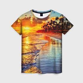 Женская футболка 3D с принтом Гавайи в Кировске, 100% полиэфир ( синтетическое хлопкоподобное полотно) | прямой крой, круглый вырез горловины, длина до линии бедер | hawaii | гавайи | газон | горизонт | море | небо | облака | пальмы | побережье | скалы | солнце | сша | тропики